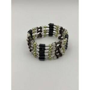 Magnetic Beaded Wrap Bracelet Single Strand Green Black Silver 35" Long